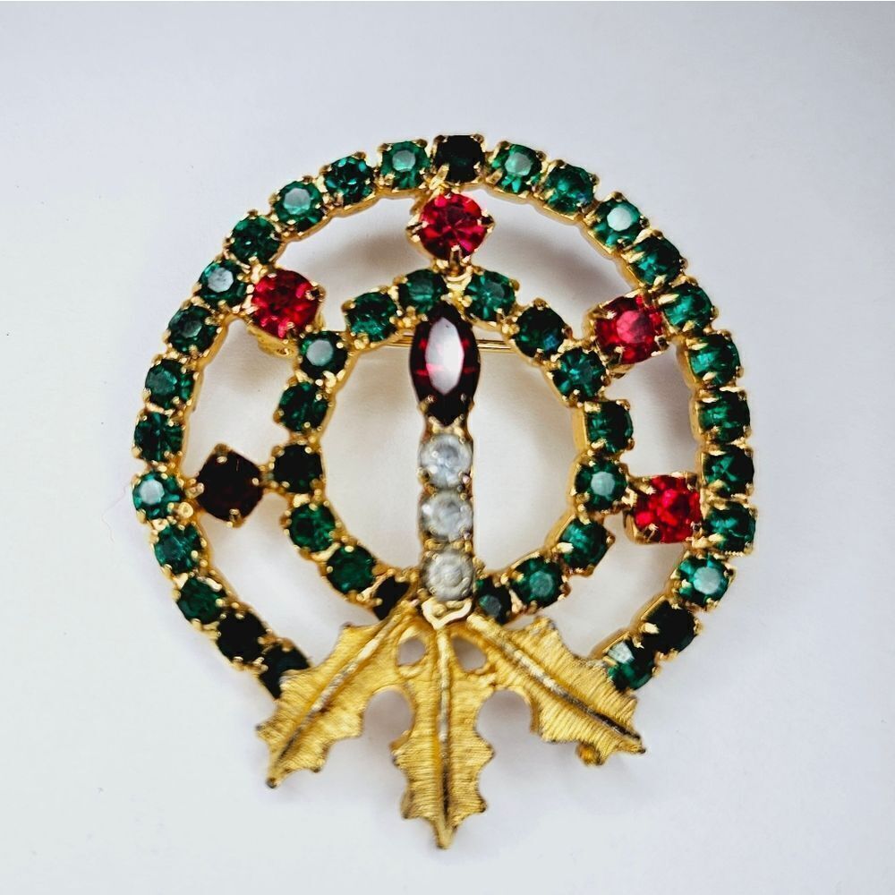 Vintage Rhinestone Prong Set Candle Holly Christmas Openwork Festive Pin Brooch